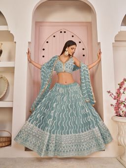 Odette - Sky Blue Net Embroidered Semi Stitched Lehenga with Unstitched Blouse and Dupatta