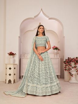 Odette - Light Green Net Embroidered Semi Stitched Lehenga with Blouse and Dupatta