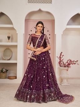 Odette - Wine Net Embroidered Semi Stitched Lehenga with Unstitched Blouse and Dupatta