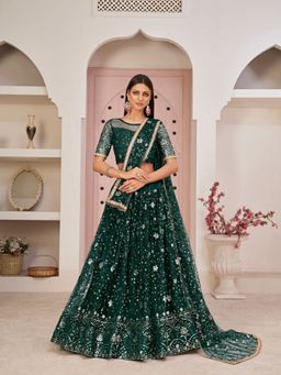 Odette - Dark Green Net Embroidered Semi Stitched Lehenga with Unstitched Blouse and Dupatta