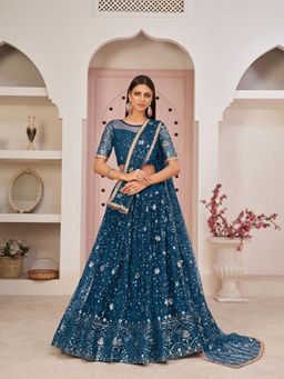 Odette - Blue Net Embroidered Semi Stitched Lehenga with Unstitched Blouse and Dupatta