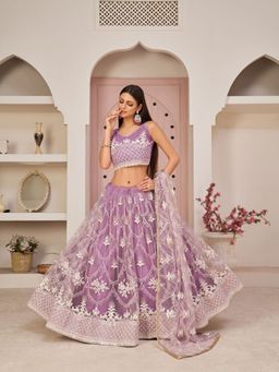 Odette - Lavender Net Embroidered Semi Stitched Lehenga with Unstitched Blouse and Dupatta