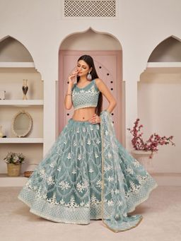 Odette - Pastel Blue Net Embroidered Semi Stitched Lehenga with Blouse and Dupatta