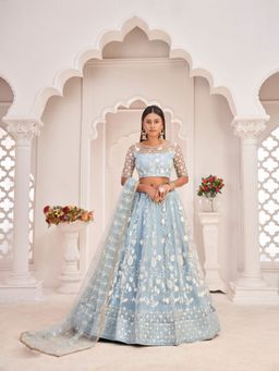 Odette - Sky Blue Net Embroidered Semi Stitched Lehenga with Unstitched Blouse and Dupatta