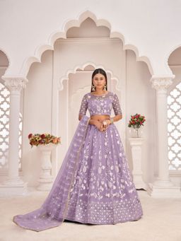 Odette - Lavender Net Embroidered Semi Stitched Lehenga with Unstitched Blouse and Dupatta