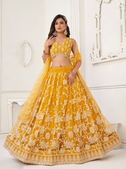 Odette - Yellow Net Embroidered Semi Stitched Lehenga with Unstitched Blouse and Dupatta