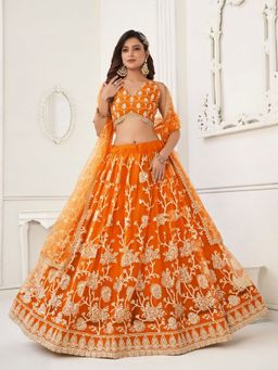 Odette - Orange Net Embroidered Semi Stitched Lehenga with Unstitched Blouse and Dupatta