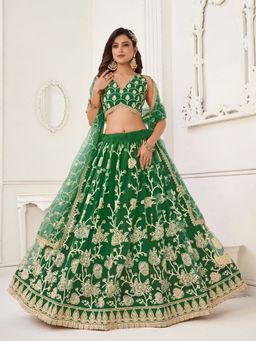 Odette - Dark Green Net Embroidered Semi Stitched Lehenga with Unstitched Blouse and Dupatta