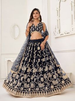 Odette - Black Net Embroidered Semi Stitched Lehenga with Unstitched Blouse and Dupatta