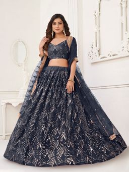 Odette - Black Net Embroidered Semi Stitched Lehenga with Unstitched Blouse and Dupatta