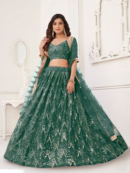 Odette - Green Net Embroidered Semi Stitched Lehenga with Unstitched Blouse and Dupatta