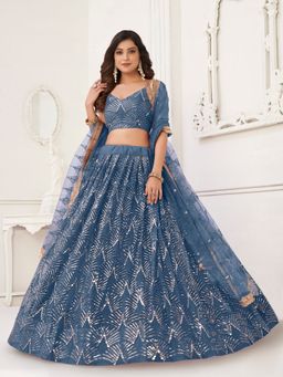 Odette - Blue Net Embroidered Semi Stitched Lehenga with Unstitched Blouse and Dupatta