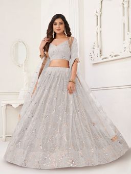 Odette - Off White Net Embroidered Semi Stitched Lehenga with Unstitched Blouse and Dupatta