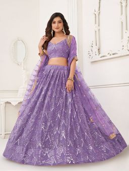 Odette - Lavender Net Embroidered Semi Stitched Lehenga with Unstitched Blouse and Dupatta