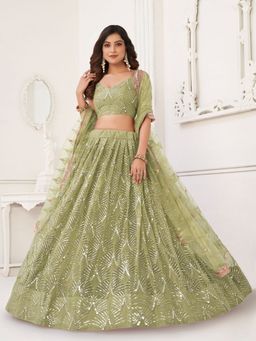 Odette - Pista Net Embroidered Semi Stitched Lehenga with Unstitched Blouse and Dupatta