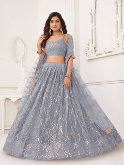 Odette - Grey Net Embroidered Semi Stitched Lehenga with Unstitched Blouse and Dupatta