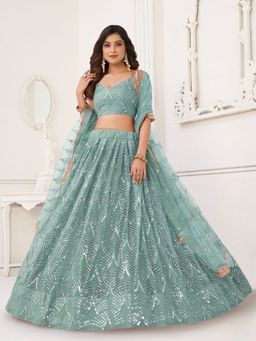 Odette - Sky Blue Net Embroidered Semi Stitched Lehenga with Unstitched Blouse and Dupatta