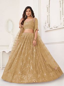 Odette - Beige Net Embroidered Semi Stitched Lehenga with Unstitched Blouse and Dupatta