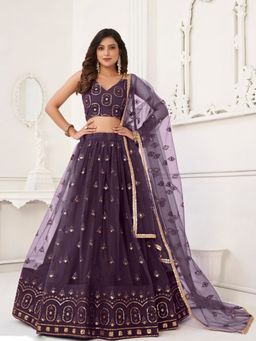 Odette - Purple Net Embroidered Semi Stitched Lehenga with Unstitched Blouse and Dupatta