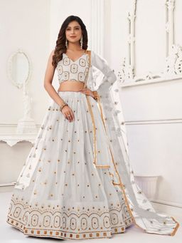 Odette - White Net Embroidered Semi Stitched Lehenga with Unstitched Blouse and Dupatta