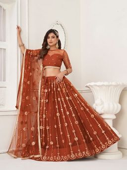 Odette - Rust Net Embroidered Semi Stitched Lehenga with Unstitched Blouse and Dupatta