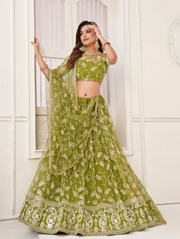 Odette - Pista Net Embroidered Semi Stitched Lehenga with Unstitched Blouse and Dupatta
