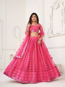 Odette - Pink Net Embroidered Semi Stitched Lehenga with Unstitched Blouse and Dupatta