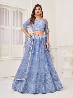 Odette - Pastel Blue Net Embroidered Semi Stitched Lehenga with Blouse and Dupatta