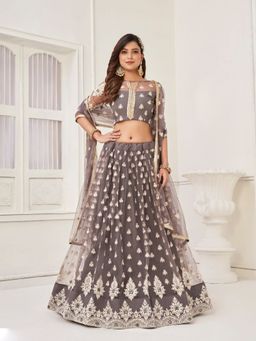 Odette - Grey Net Embroidered Semi Stitched Lehenga with Unstitched Blouse and Dupatta