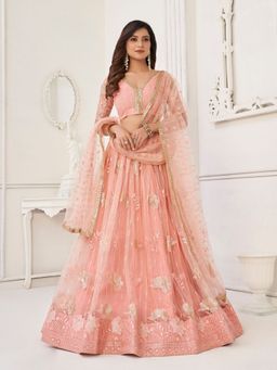 Odette - Peach Net Embroidered Semi Stitched Lehenga with Unstitched Blouse and Dupatta