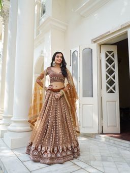 Odette - Brown Net Embroidered Semi Stitched Lehenga with Unstitched Blouse and Dupatta