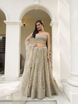 Odette - Green Net Embroidered Semi Stitched Lehenga with Unstitched Blouse and Dupatta