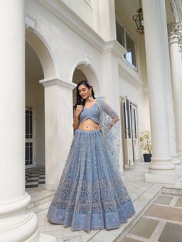 Odette - Pastel Blue Net Embroidered Semi Stitched Lehenga with Blouse and Dupatta