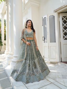 Odette - Olive Net Embroidered Semi Stitched Lehenga with Unstitched Blouse and Dupatta