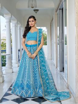 Odette - Sky Blue Net Embroidered Semi Stitched Lehenga with Unstitched Blouse and Dupatta