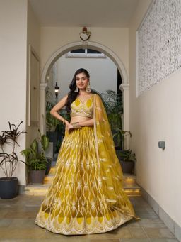 Odette - Mustard Yellow Net Embroidered Semi Stitched Lehenga with Blouse and Dupatta