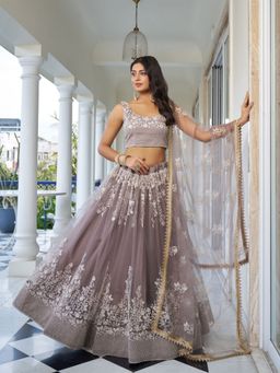 Odette - Mauve Net Embroidered Semi Stitched Lehenga with Unstitched Blouse and Dupatta