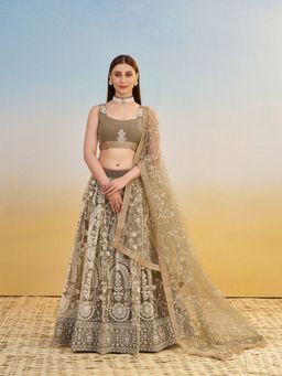 Odette - Green Net Embroidered Semi Stitched Lehenga with Unstitched Blouse and Dupatta