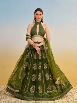 Odette - Olive Net Embroidered Semi Stitched Lehenga with Unstitched Blouse and Dupatta