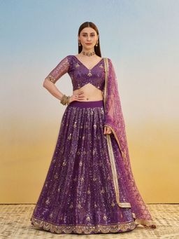 Odette - Dark Purple Net Embroidered Semi Stitched Lehenga with Blouse and Dupatta