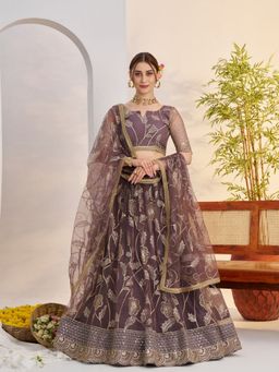 Odette - Deep Mauve Net Embroidered Semi Stitched Lehenga with Unstitched Blouse and Dupatta