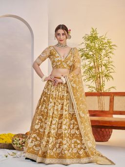 Odette - Golden Net Embroidered Semi Stitched Lehenga with Unstitched Blouse and Dupatta