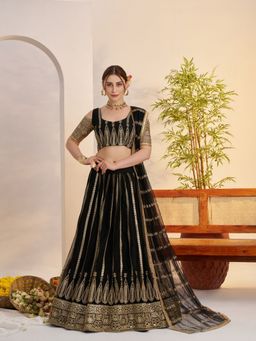 Odette - Black Net Embroidered Semi Stitched Lehenga with Unstitched Blouse and Dupatta
