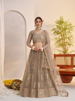 Odette - Beige Net Embroidered Semi Stitched Lehenga with Unstitched Blouse and Dupatta