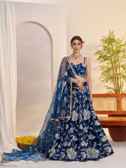 Odette - Dark Blue Net Embroidered Semi Stitched Lehenga with Unstitched Blouse and Dupatta