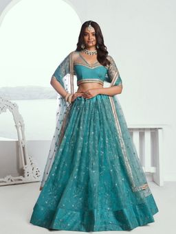 Odette - Blue Net Embroidered Semi Stitched Lehenga with Unstitched Blouse and Dupatta