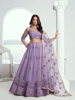 Odette - Lavender Net Embroidered Semi Stitched Lehenga with Unstitched Blouse and Dupatta