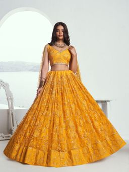 Odette - Yellow Net Embroidered Semi Stitched Lehenga with Unstitched Blouse and Dupatta