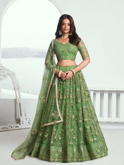 Odette - Green Net Embroidered Semi Stitched Lehenga with Unstitched Blouse and Dupatta
