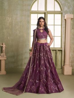 Odette - Purple Net Embroidered Semi Stitched Lehenga with Unstitched Blouse and Dupatta